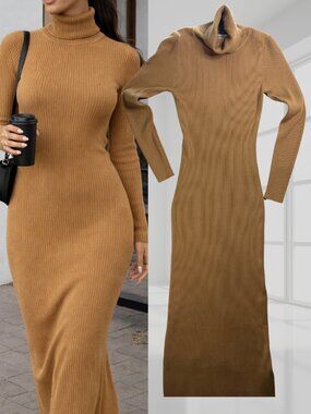 Camel Ribbed Turtleneck Sweater Dress Maxi Length L XL